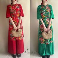 Bộ Áo Dài Cách Tân Chất Liệu Lụa Hàn Cao Cấp In Hoạ Tiết Chăn Con Công Mã AD22