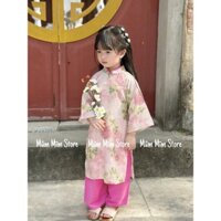 Bộ áo dài đũi tơ mẫu đơn hồng lê cho bé Tết 2025