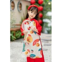 Bộ áo dài in hình quạt cho bé gái đón tết sele (adq)