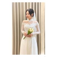 BỘ ÁO DÀI TRẮNG REN CÔ DÂU SANG CHẢNH, Áo Dài CAM mã AD950