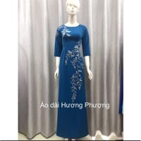 Bộ áo dài xanh cổ vịt đính kết hoa tinh tế, size M