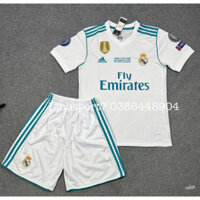 Bộ Áo Đấu Bóng Đá CLB Real Madrid 2018 Ngắn Tay áo trắng quần trắng vải thái logo thêu Ronaldo 7