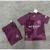 Bộ áo đấu sân khách thứ 2 24-25 City Áo thun ngắn tay màu đen + Quần Short học sinh / Quần áo trẻ em