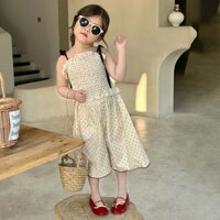 Bộ Áo Hai Dây Chấm Bi + Quần Dài Ống Rộng Lưng Thun Thời Trang Mùa Hè Phong Cách Hàn Quốc Cho Nữ