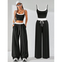 Bộ áo hai dây Croptop và quần ống suông dài trơn basic ( Có ảnh thật)