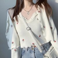 Bộ Áo Hai Dây Thêu Hoa Hồng + Áo Khoác Cardigan Tay Dài Dáng Rộng Thời Trang Xuân Thu Cho Bé Gái