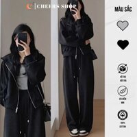 Bộ Áo Hoodie Kèm Quần Xuông Dài Nỉ Bông Nam Nữ Form Rộng Thu Đông