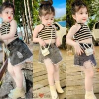 Bộ Áo Kẻ Croptop+ Váy Bò Rách Sành Điệu Dành Cho Bé Gái 10-25kg