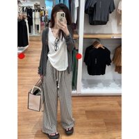 Bộ Áo Khoác cardigan Dệt Kim Tay Dài Có Nón + Áo Sát Nách + Quần Dài Kẻ Sọc Thời Trang Mùa Thu Cho Nữ