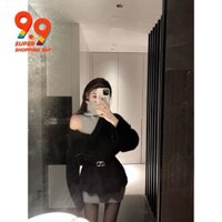 Bộ Áo Khoác Len Lông Cừu Màu Đen Phối Đầm Hai Mảnh Thời Trang Mùa Đông