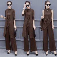 Bộ áo len đan 2019, thời trang mới cho phụ nữ mùa xuân hè, quần ống rộng cỡ lớn, bộ ba món, cỡ lớn 200