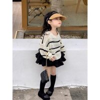 Bộ áo len sọc cho bé gái và chân váy bánh ngọt, cotton thoáng khí, bộ hai mảnh, trang phục hàng ngày cho trẻ mẫu giáo 3-6 tuổi, phong cách Hàn Quốc thoải mái