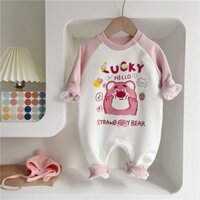 Bộ Áo Liền Quần Bằng Lông Cừu Tay Dài In Hình Gấu Dâu Tây Dễ Thương Cho Bé Gái