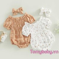 Bộ áo liền quần bé gái in hoa ngắn tay xếp ly + Bộ băng đô nơ
