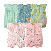 Bộ áo liền quần bé sơ sinh bé gái tay ngắn cotton nút áo liền quần bé động vật dễ thương kỳ lân in quần áo