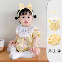 Bộ áo liền quần cho bé + Băng đô Bộ áo liền quần kẻ sọc mùa hè Trang phục màu vàng ngọt ngào cho bé gái