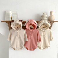 Bộ Áo Liền Quần Cotton Tay Ngắn Có Mũ Trùm Tai Thỏ Dễ Thương Cho Bé Trai + Gái