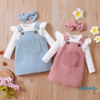 Bộ Áo Liền Quần Dài Tay Cổ Tròn Màu Sắc Ngọt Ngào + Chân Váy Yếm + Băng Đô Cài Tóc Cho Bé Gái
