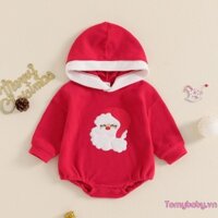 Bộ áo liền quần Giáng sinh cổ điển thêu ông già Noel dài tay có mũ trùm đầu