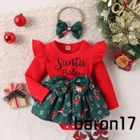 Bộ Áo Liền Quần + Mũ Ông Già Noel + Băng Đô Nơ Cho Bé Gái