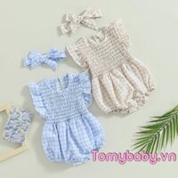 Bộ áo liền quần mùa hè cho bé gái Áo liền quần ngắn tay cổ tròn kẻ sọc Body + Băng đô Bộ quần áo mùa hè