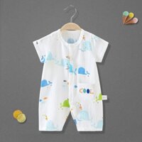 Bộ áo liền quần romper mùa hè bằng vải xô cotton siêu mềm cho bé hình cá heo xanh dễ thương