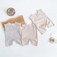 Bộ Áo Liền Quần Sát Nách Bằng Vải Cotton Họa Tiết Ca Rô Đơn Giản Thời