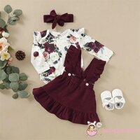 Bộ áo liền quần tay dài cổ tròn + chân váy xòe màu trơn + băng đô thời trang cho bé gái