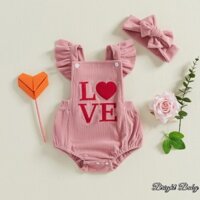 Bộ áo liền quần thêu chữ thường ngày cho bé gái và băng đô Bộ quần áo thời trang