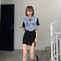 Bộ áo lửng jean sát nách và đầm dáng ôm thời trang cho nữ