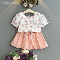 Bộ áo mùa hè cho bé gái + váy ngắn tay hoa thông thường