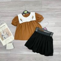 Bộ áo nâu cổ trắng thêu hoa kèm chân váy đen chất áo đũi lụa mềm mịn cho bé gái