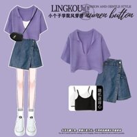 Bộ Áo Ngắn Tay Size Lớn + Quần Short Jean Ôm Dáng Phong Cách Phương Tây Thời Trang 2023 Cho Nữ#0704#套装女2023大码胖mm洋气短袖上衣配显瘦牛仔短裙裤两件套