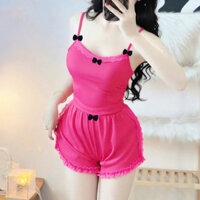 Bộ Áo Ngủ Hai Dây Croptop Quần Đùi viền ren đính nơ gợi cảm