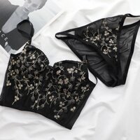 Bộ Áo Ngực Ren + Quần Lót Có Đệm Nâng Ngực Thêu Họa Tiết Thời Trang Quyến Rũ Thoải Mái Cho Nữ