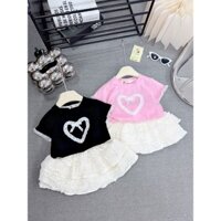 Bộ áo nơ thêu trái tim nổi kèm chân váy ren cho bé gái