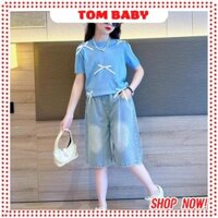 BỘ ÁO PHÔNG NƠ VÀ TIM TRẮNG MIX QUẦN JEAN  CHO BÉ FOM DÁNG RỘNG THOẢI MÁI 20-45KG