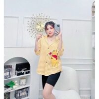 🐻Bộ Áo Quần Nữ Gấu Kẻ Sọc Caro Vàng, Áo Sơ Mi Nữ Kèm Quần Thun Co Giãn, Size Dưới 59kg Năng Động Thời Trang🐻