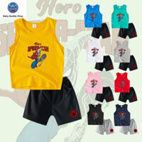 Bộ áo + quần short trẻ em - 100% Cotton, không tay, SPIDERMAN, in hoạt hình, 8 màu, thoáng khí, dành cho bé trai BT030