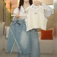 Bộ áo ren và chân váy jean xẻ đùi thời trang mẹ và bé gái 12-55kg , Sét bộ áo ren chân váy thích hợp đi chơi , đi dựtiệc