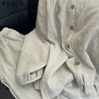 Bộ áo sơ mi dài tay pha trộn vải lanh thanh lịch và quần ống rộng