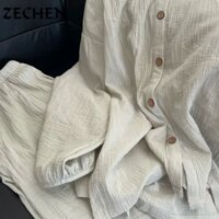 Bộ áo sơ mi dài tay pha trộn vải lanh thanh lịch và quần ống rộng