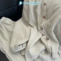 Bộ áo sơ mi dài tay pha trộn vải lanh thanh lịch và quần ống rộng