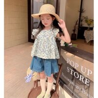 Bộ Áo Sơ Mi Tay Cánh Tiên Phối Quần Short Denim Dáng Rộng Thời Trang Mùa Hè 2023 Mới Cho Bé Gái