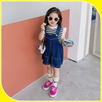 Bộ áo sọc và quần yếm short jean bé gái 2 túi S24 size 90 -130, quần áo cho bé mùa hè cao cấp