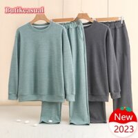 Bộ Áo sweater Cổ Tròn Dáng Rộng Phối Quần Dài Vải Nhung Dày Thời Trang Thu Đông 2023 Cho Nam