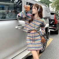 Bộ Áo Sweater Dệt Kim Kẻ Sọc Cầu Vồng Dáng Ôm Phối Chân Váy Rút Dây Thời Trang Mùa Thu Cho Nữ