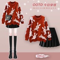 Bộ Áo Sweater Đỏ Ôm Dáng Phối Chân Váy Thỏ Phong Cách Phương Tây Thời Trang Thu Đông Mới Cho Nữ