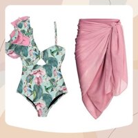 Bộ áo tắm đi biển Họa tiết HOA LÁ , bikini NÂNG NGỰC kèm váy lưới BM52