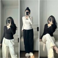 Bộ áo tay dài cổ REN NƠ NGỰC lai cuốn biên - Set đồ kèm quần ống rộng trẻ trung thời trang